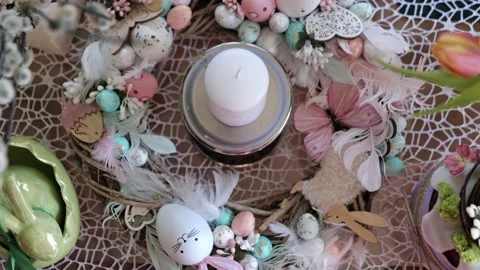 Beautiful festive served Easter table with decorations in dining room. Stock Footage 234411714