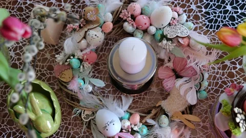 Beautiful festive served Easter table with decorations in dining room. Video stock 234411903