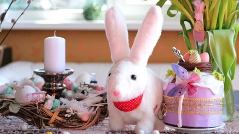 Beautiful festive served Easter table with decorations in dining room. Stock Footage 234411970