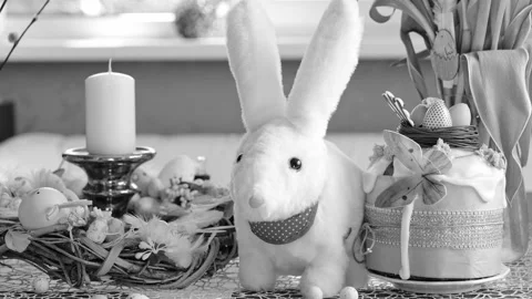 Beautiful festive served Easter table with decorations in dining room. Stock Footage 234412101