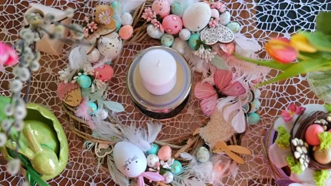 Beautiful festive served Easter table with decorations in dining room. Stock Footage 234412353