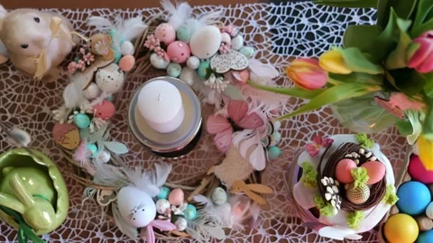 Beautiful festive served Easter table with decorations in dining room. Stock Footage 234412686