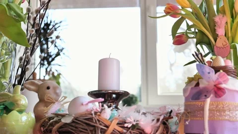 Beautiful festive served Easter table with decorations in dining room. Stock Footage 234412782