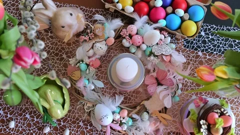 Beautiful festive served Easter table with decorations in dining room. Stock Footage 234412865