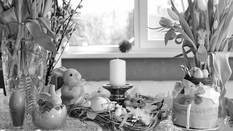 Beautiful festive served Easter table with decorations in dining room. Stock Footage 234413160