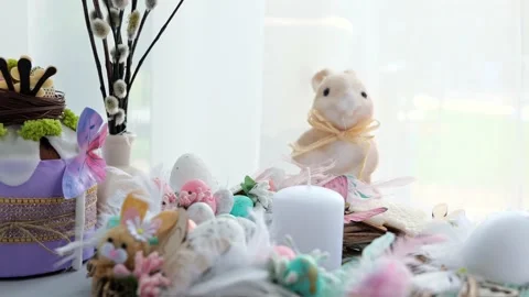Beautiful festive served Easter table with decorations in dining room. Stock Footage 234413243