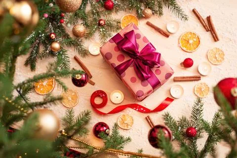 Beautiful festive winter composition on the table near christmas tree Stock Photos