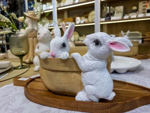 A beautiful figure of two Easter bunnies. Table decorations for the Easter Stock Photos
