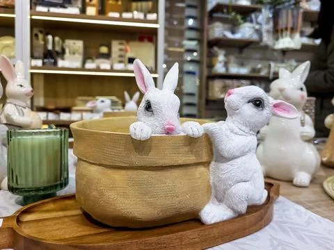 A beautiful figure of two Easter bunnies. Table decorations for the Easter ho Stock Photos