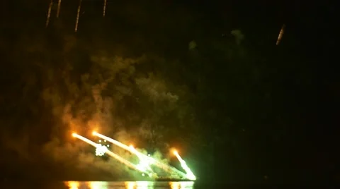 Beautiful Firework Explosion on the Ship Ordnance Exploding on the Boat Show Stock Footage 66288798