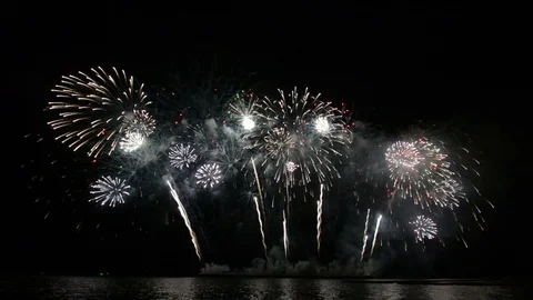 Beautiful firework reflection over the sea Stock Footage 110382107