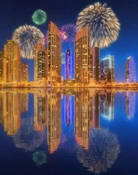 Beautiful fireworks in Dubai marina. UAE Stock Photos