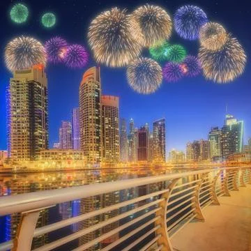 Beautiful fireworks in Dubai marina. UAE Stock Photos