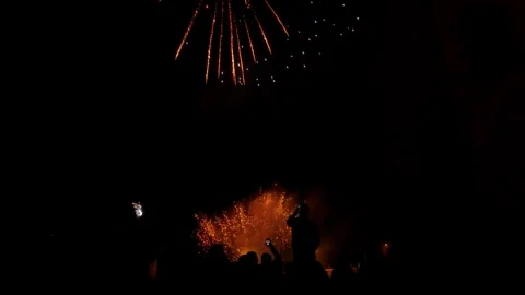 The beautiful fireworks explode outside the lighthouse in Alanya. The sky is Stock Footage 293066914