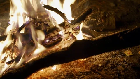Beautiful flame of a night campfire Stock Footage 117145136