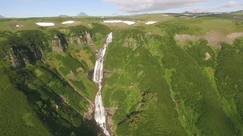 Beautiful flight copter over the waterfall. Panoram Stock Footage 72656141