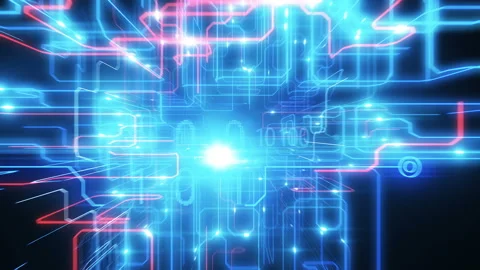 Beautiful Flight Inside CPU. Moving Electrons on Tracks and Digital Data Stock-Footage 94916852