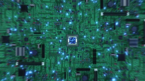 Beautiful Flight Inside CPU. Moving Electrons on Tracks and Digital Data 動画素材 95117104