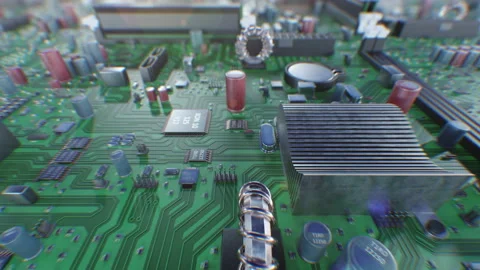 Beautiful Flight Over the Circuit Board and Processors with DOF Blur. Looped 3d Stock Footage 87699081