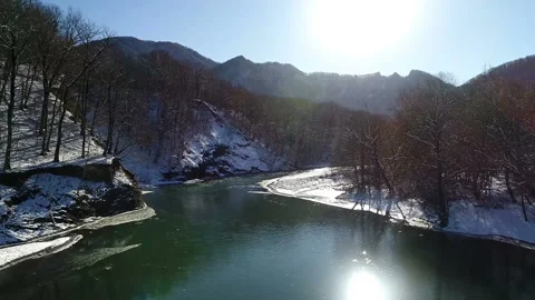 Beautiful flight over mountain river at sunny time Stock Footage 144449090