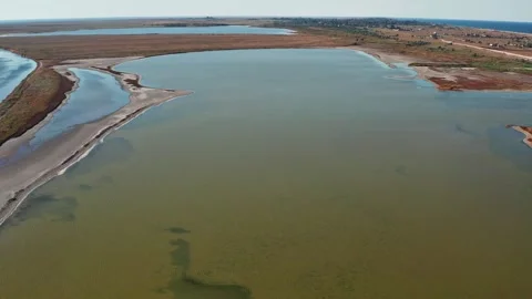 Beautiful flight in summer over salt lakes. Dry lakes. Green grass. Stock Footage 243749269