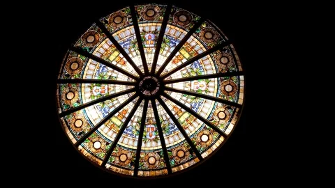 Beautiful floating capture of ceiling stained glass art Stock Footage 103073680
