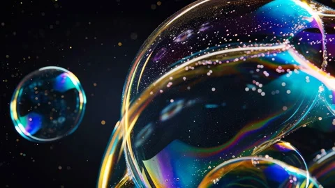 Beautiful floating soap bubbles close-up, colorful reflections in motion Stock Footage 316667035