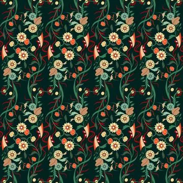 A beautiful floral pattern on a dark background, repeated seamless pattern Stock Illustration