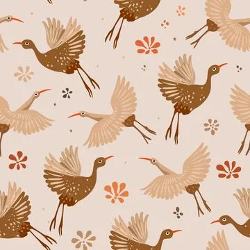 A beautiful floral vector folk pattern. A beige decorative bird print Stock Illustration