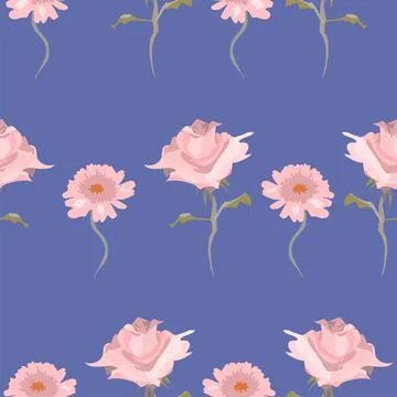 Beautiful floral vector repeat pattern with pink flowers on blue Illustrazione stock