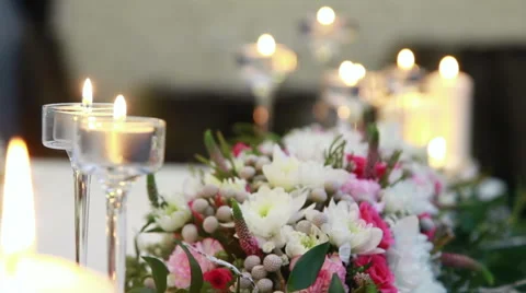 Beautiful flower decorations on tables at reception Stock Footage 68867679