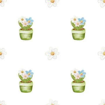 Beautiful flower pattern featuring daisies and tulips in flowerpots on a wh.. Stock Photos
