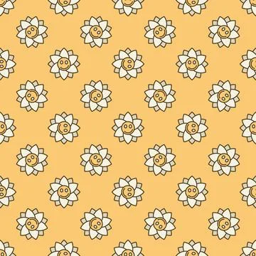 Beautiful Flower with Smiling Face vector colored seamless pattern Stock Illustration