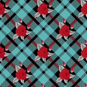 Beautiful flowers pattern on plaid background. pattern of rose, eps10 Stock Illustration