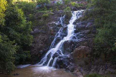 Beautiful flowing waterfall in Los Filtros Viejos Park at Morelia, Michoacan, Me Stock Photos
