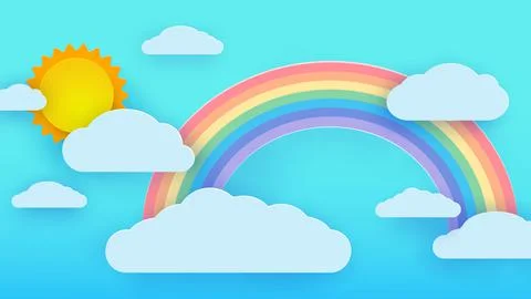 Beautiful fluffy clouds against a blue sky with the summer sun and a rainbow Stock Illustration