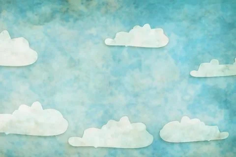 Beautiful fluffy clouds and light blue sky on grunge paper texture Stock Photos