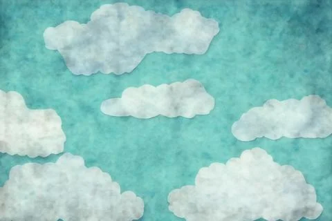 Beautiful fluffy clouds and light blue sky on grunge paper texture Stock Photos