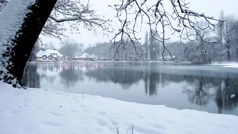 Beautiful fluffy snow falling over a dark lake in a city park during winter Stock Footage 319872516