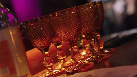 Beautiful fluted drinking glasses made of glass. tableware Stock Footage 306584871