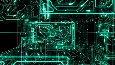 Beautiful Flying Inside the Computer Processor. Fast Electrons Moving Stock-Footage 70355596