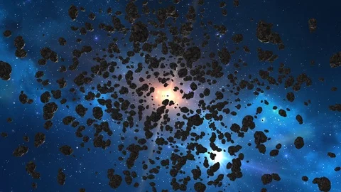 Beautiful flying through the asteroid belt in outer space. The collision of Stock Footage 94430860