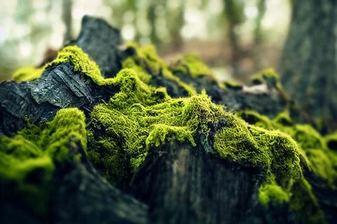 Beautiful forest background with sun rays and green moss. Digital Illustration Stock Illustration