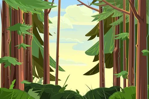 Beautiful forest landscape. Tree trunks and pine branches. Beautiful summer l Stock Illustration