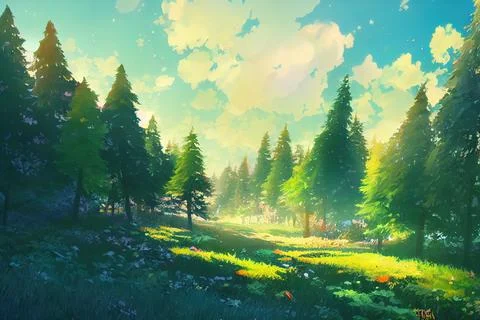 Beautiful forest in spring with bright sun shining through Stock Illustration