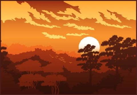 Beautiful forest at sunset Illustrazione stock