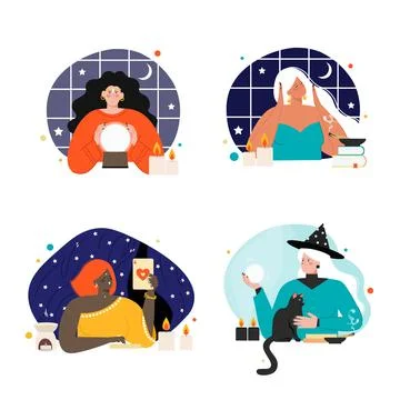 Beautiful fortune tellers oracles vector scene set 库存插图