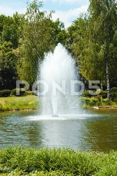 Beautiful fountain in the middle of a lake in a park in the summer Stock Photos