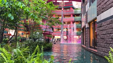 Beautiful fountain show illuminates Canal City Hakata in Fukuoka Japan. Stock Footage 334580153