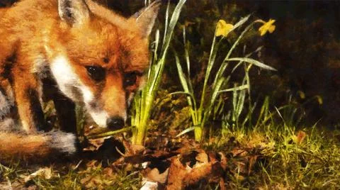 Beautiful fox on a background of grass and flowers Stock Illustration